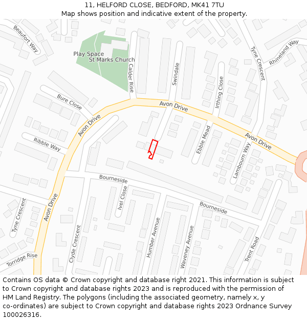 11, HELFORD CLOSE, BEDFORD, MK41 7TU: Location map and indicative extent of plot