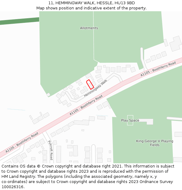 11, HEMMINGWAY WALK, HESSLE, HU13 9BD: Location map and indicative extent of plot