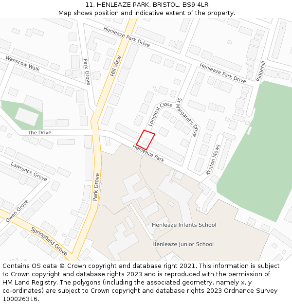 11, HENLEAZE PARK, BRISTOL, BS9 4LR: Location map and indicative extent of plot