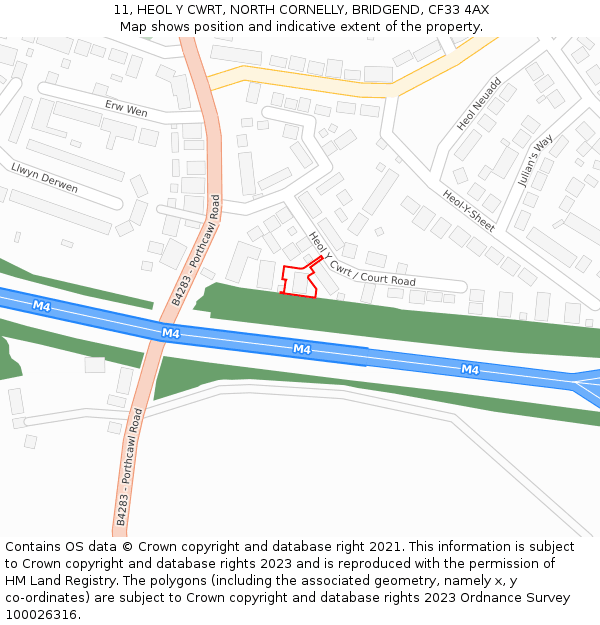 11, HEOL Y CWRT, NORTH CORNELLY, BRIDGEND, CF33 4AX: Location map and indicative extent of plot