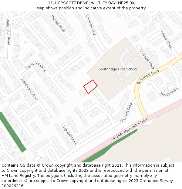 11, HEPSCOTT DRIVE, WHITLEY BAY, NE25 9XJ: Location map and indicative extent of plot