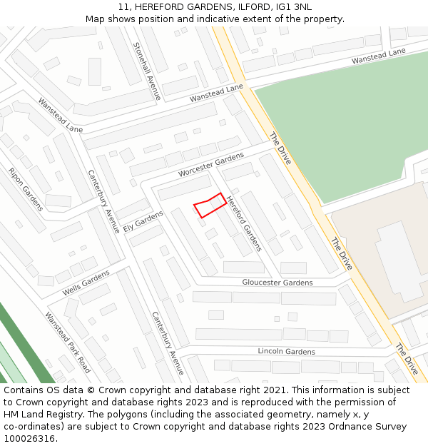11, HEREFORD GARDENS, ILFORD, IG1 3NL: Location map and indicative extent of plot