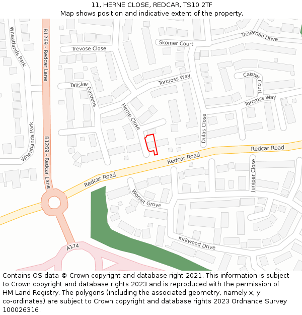 11, HERNE CLOSE, REDCAR, TS10 2TF: Location map and indicative extent of plot