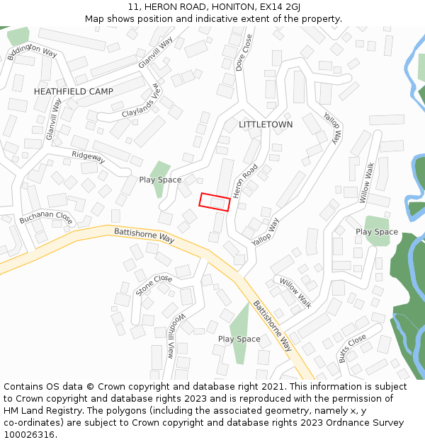 11, HERON ROAD, HONITON, EX14 2GJ: Location map and indicative extent of plot