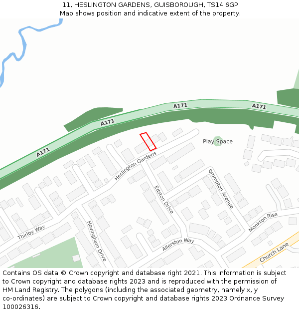 11, HESLINGTON GARDENS, GUISBOROUGH, TS14 6GP: Location map and indicative extent of plot