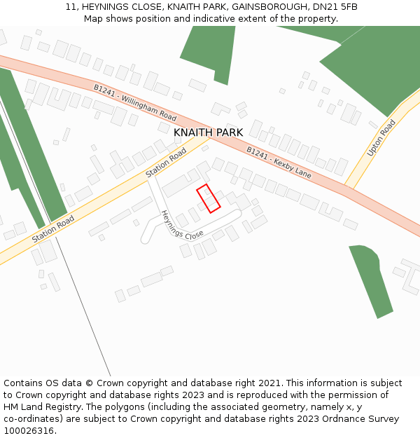 11, HEYNINGS CLOSE, KNAITH PARK, GAINSBOROUGH, DN21 5FB: Location map and indicative extent of plot