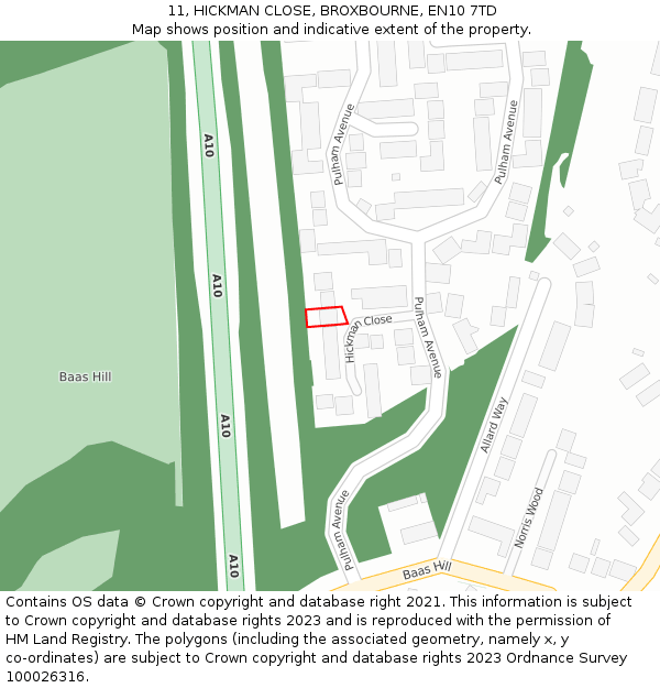 11, HICKMAN CLOSE, BROXBOURNE, EN10 7TD: Location map and indicative extent of plot