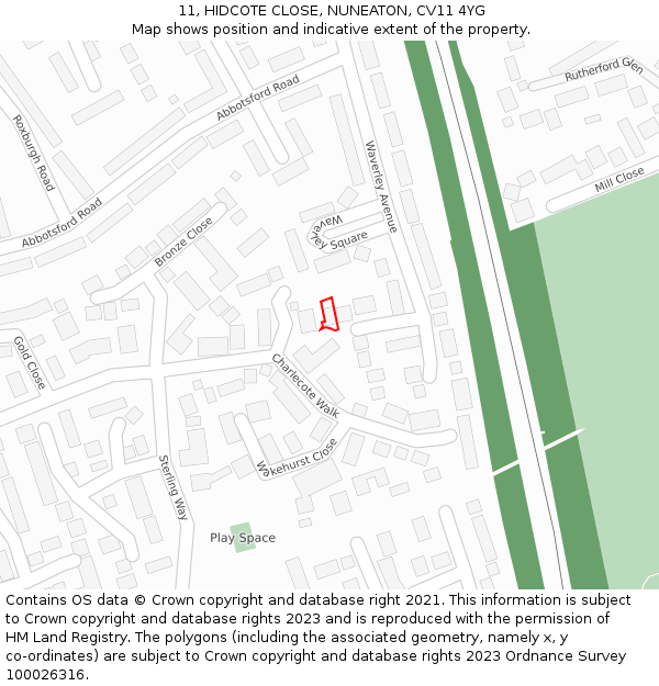 11, HIDCOTE CLOSE, NUNEATON, CV11 4YG: Location map and indicative extent of plot
