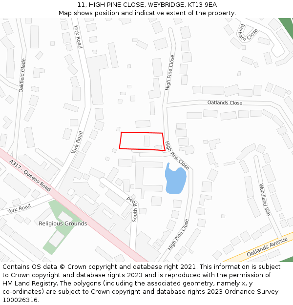 11, HIGH PINE CLOSE, WEYBRIDGE, KT13 9EA: Location map and indicative extent of plot