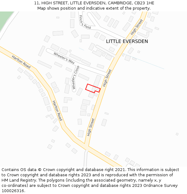 11, HIGH STREET, LITTLE EVERSDEN, CAMBRIDGE, CB23 1HE: Location map and indicative extent of plot