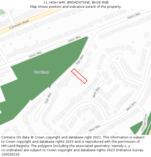 11, HIGH WAY, BROADSTONE, BH18 9NB: Location map and indicative extent of plot