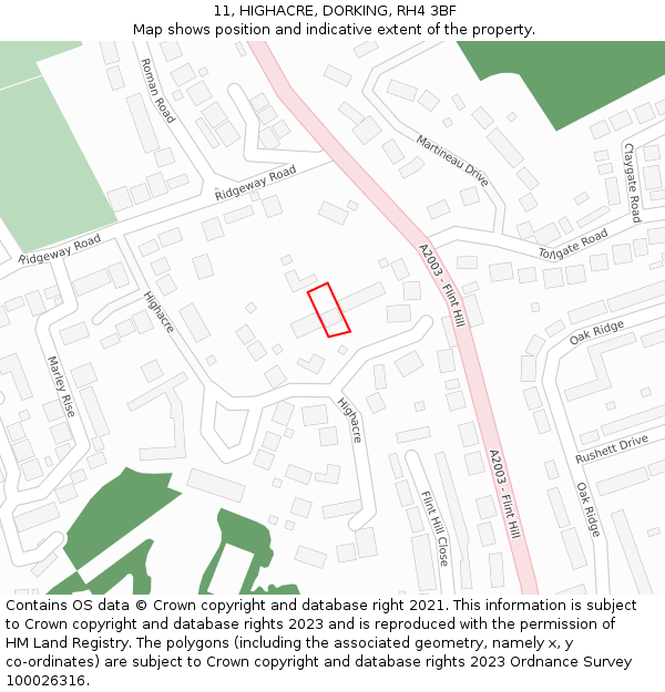 11, HIGHACRE, DORKING, RH4 3BF: Location map and indicative extent of plot