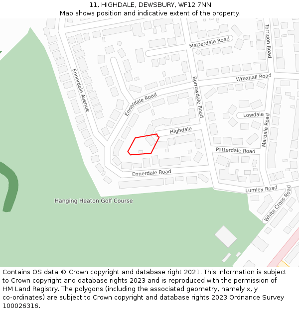 11, HIGHDALE, DEWSBURY, WF12 7NN: Location map and indicative extent of plot