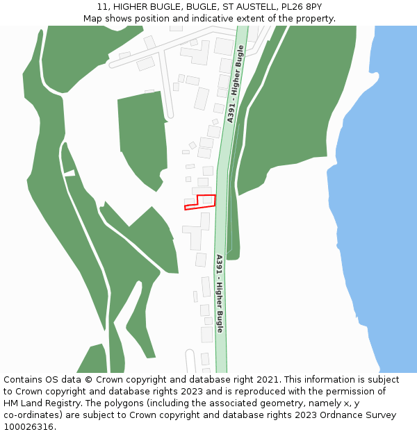 11, HIGHER BUGLE, BUGLE, ST AUSTELL, PL26 8PY: Location map and indicative extent of plot
