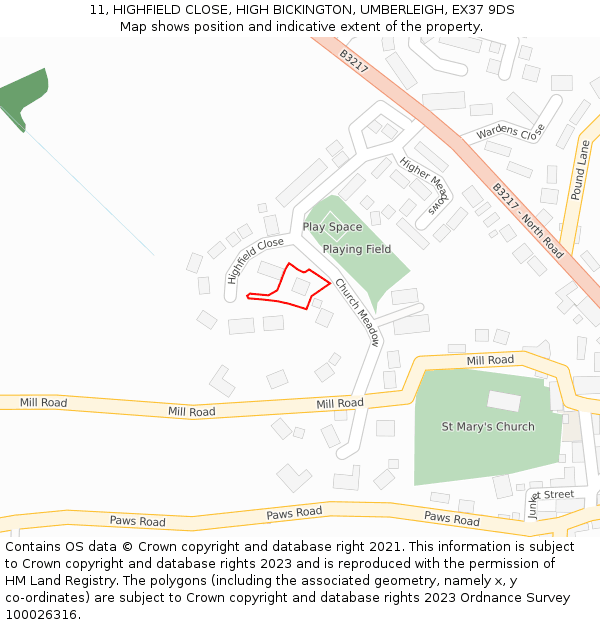 11, HIGHFIELD CLOSE, HIGH BICKINGTON, UMBERLEIGH, EX37 9DS: Location map and indicative extent of plot