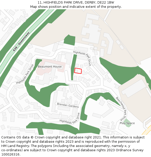 11, HIGHFIELDS PARK DRIVE, DERBY, DE22 1BW: Location map and indicative extent of plot