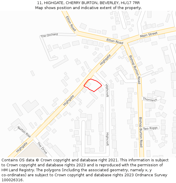 11, HIGHGATE, CHERRY BURTON, BEVERLEY, HU17 7RR: Location map and indicative extent of plot