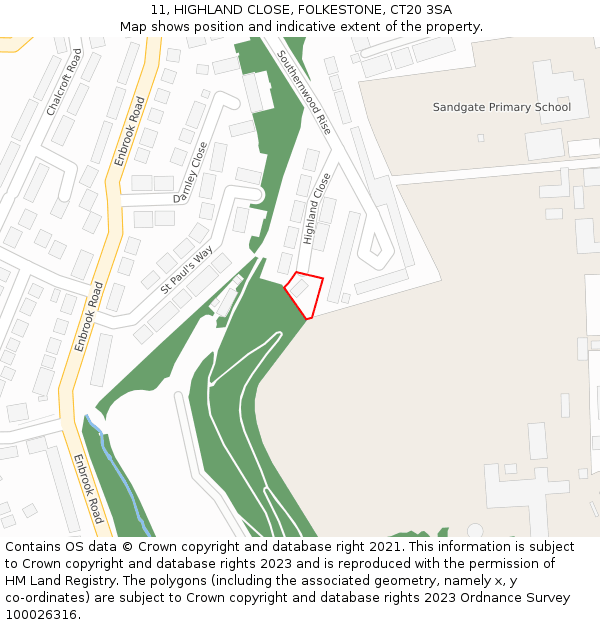 11, HIGHLAND CLOSE, FOLKESTONE, CT20 3SA: Location map and indicative extent of plot