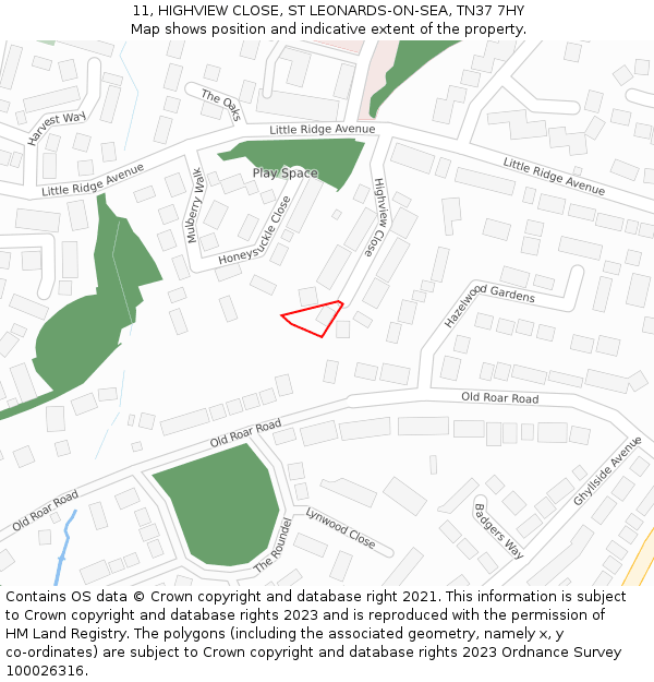 11, HIGHVIEW CLOSE, ST LEONARDS-ON-SEA, TN37 7HY: Location map and indicative extent of plot