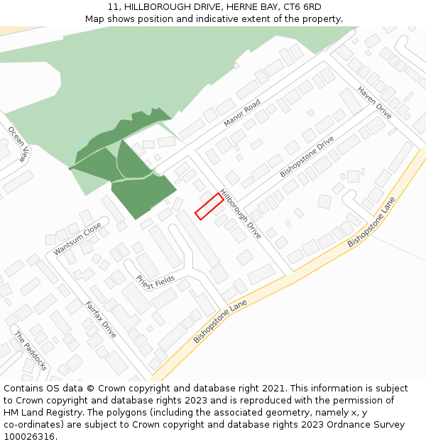 11, HILLBOROUGH DRIVE, HERNE BAY, CT6 6RD: Location map and indicative extent of plot