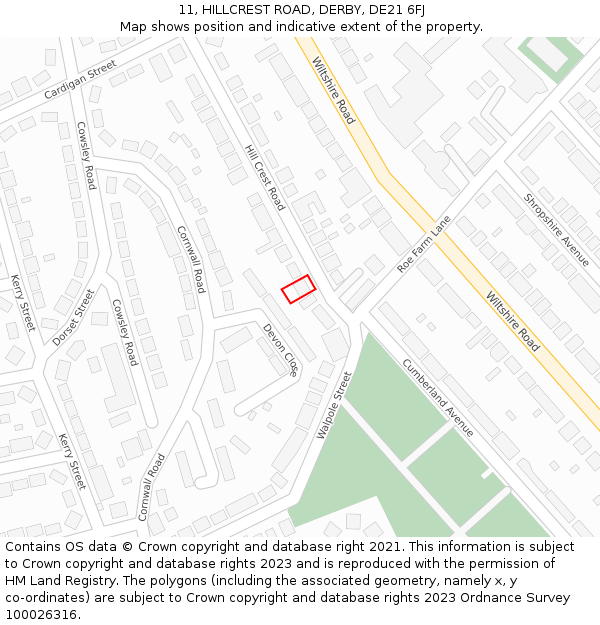 11, HILLCREST ROAD, DERBY, DE21 6FJ: Location map and indicative extent of plot