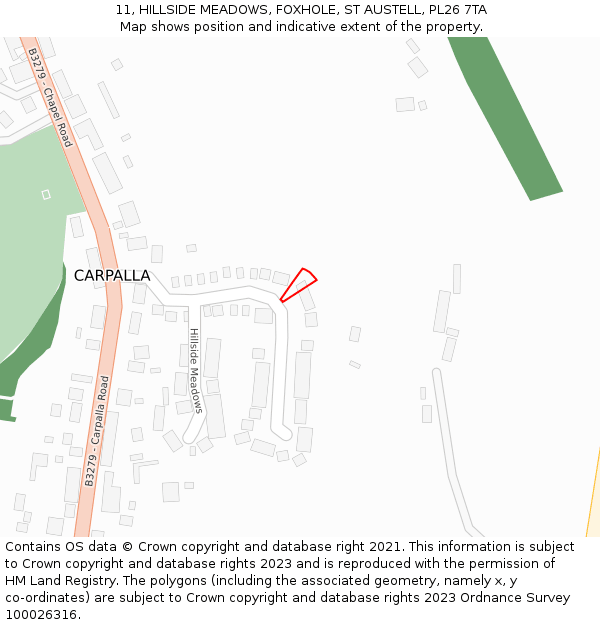 11, HILLSIDE MEADOWS, FOXHOLE, ST AUSTELL, PL26 7TA: Location map and indicative extent of plot