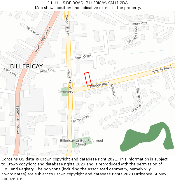 11, HILLSIDE ROAD, BILLERICAY, CM11 2DA: Location map and indicative extent of plot