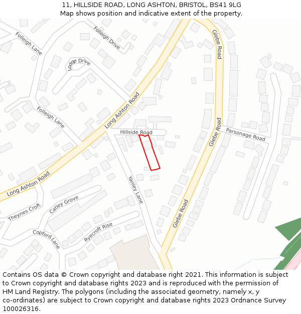 11, HILLSIDE ROAD, LONG ASHTON, BRISTOL, BS41 9LG: Location map and indicative extent of plot