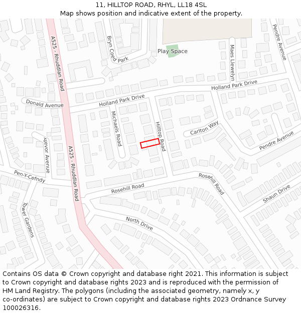 11, HILLTOP ROAD, RHYL, LL18 4SL: Location map and indicative extent of plot