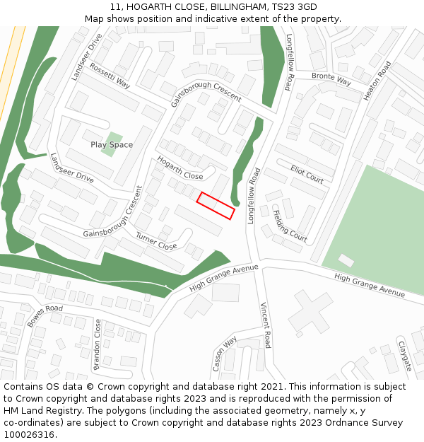 11, HOGARTH CLOSE, BILLINGHAM, TS23 3GD: Location map and indicative extent of plot