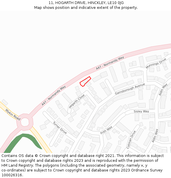 11, HOGARTH DRIVE, HINCKLEY, LE10 0JG: Location map and indicative extent of plot