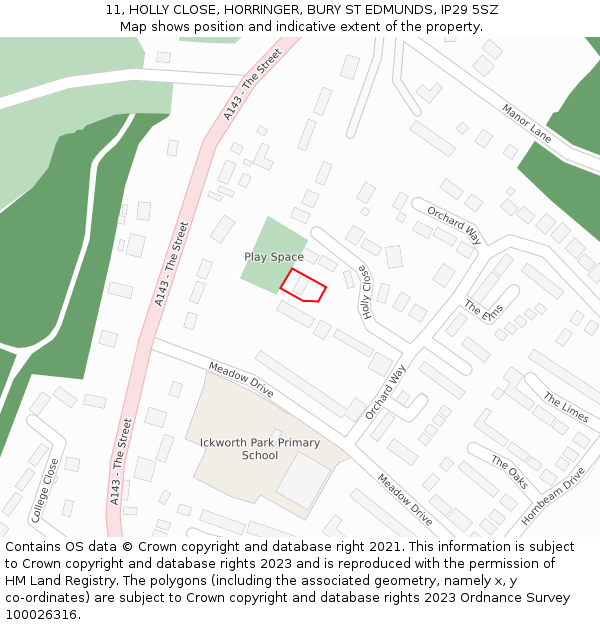 11, HOLLY CLOSE, HORRINGER, BURY ST EDMUNDS, IP29 5SZ: Location map and indicative extent of plot