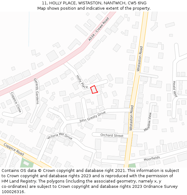 11, HOLLY PLACE, WISTASTON, NANTWICH, CW5 6NG: Location map and indicative extent of plot