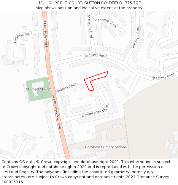 11, HOLLYFIELD COURT, SUTTON COLDFIELD, B75 7QE: Location map and indicative extent of plot