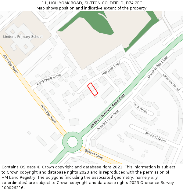 11, HOLLYOAK ROAD, SUTTON COLDFIELD, B74 2FG: Location map and indicative extent of plot