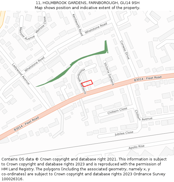 11, HOLMBROOK GARDENS, FARNBOROUGH, GU14 9SH: Location map and indicative extent of plot