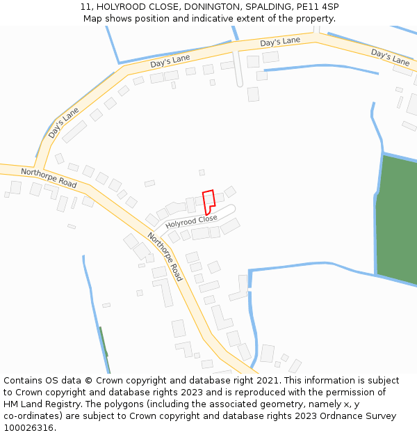 11, HOLYROOD CLOSE, DONINGTON, SPALDING, PE11 4SP: Location map and indicative extent of plot