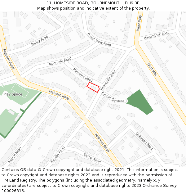 11, HOMESIDE ROAD, BOURNEMOUTH, BH9 3EJ: Location map and indicative extent of plot