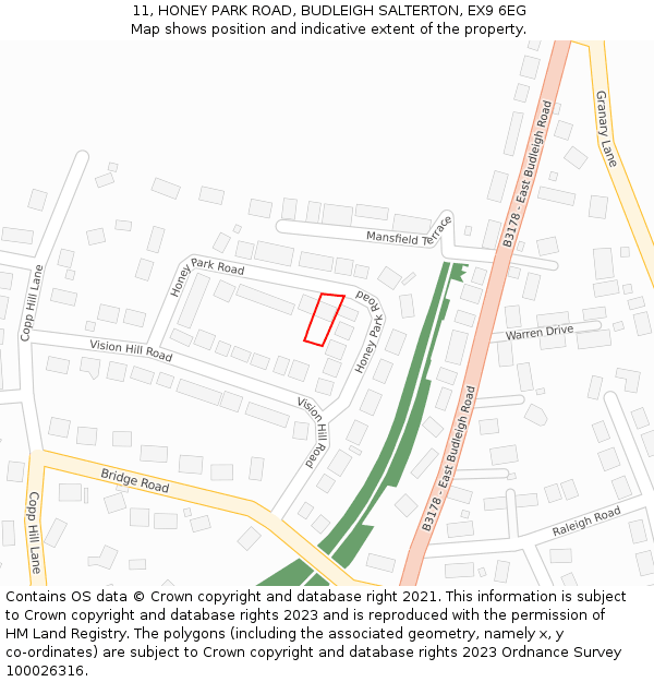 11, HONEY PARK ROAD, BUDLEIGH SALTERTON, EX9 6EG: Location map and indicative extent of plot