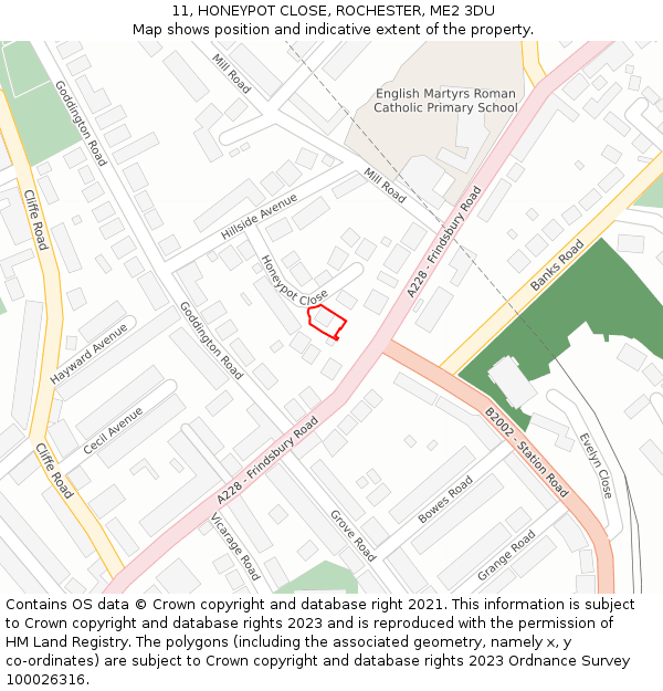 11, HONEYPOT CLOSE, ROCHESTER, ME2 3DU: Location map and indicative extent of plot