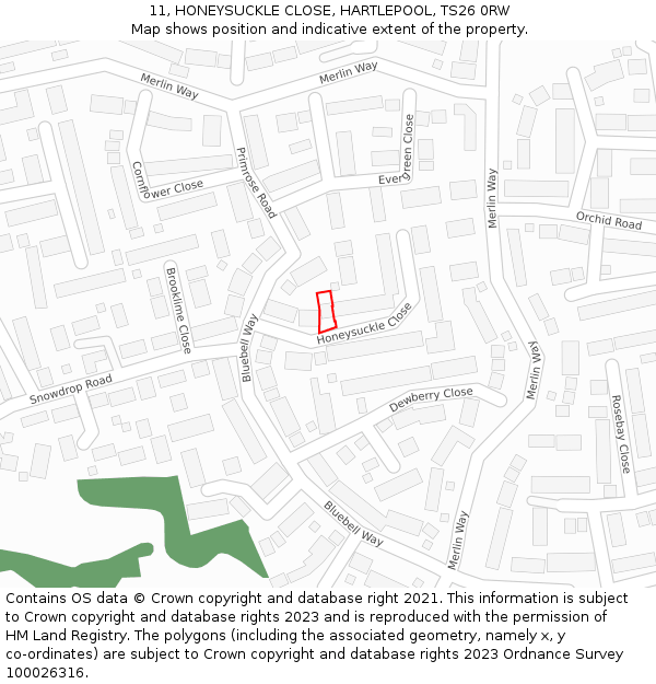 11, HONEYSUCKLE CLOSE, HARTLEPOOL, TS26 0RW: Location map and indicative extent of plot