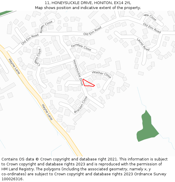 11, HONEYSUCKLE DRIVE, HONITON, EX14 2YL: Location map and indicative extent of plot