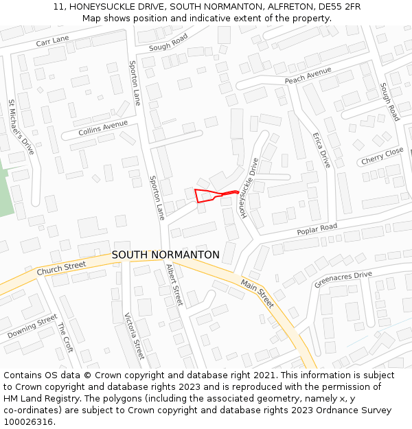 11, HONEYSUCKLE DRIVE, SOUTH NORMANTON, ALFRETON, DE55 2FR: Location map and indicative extent of plot