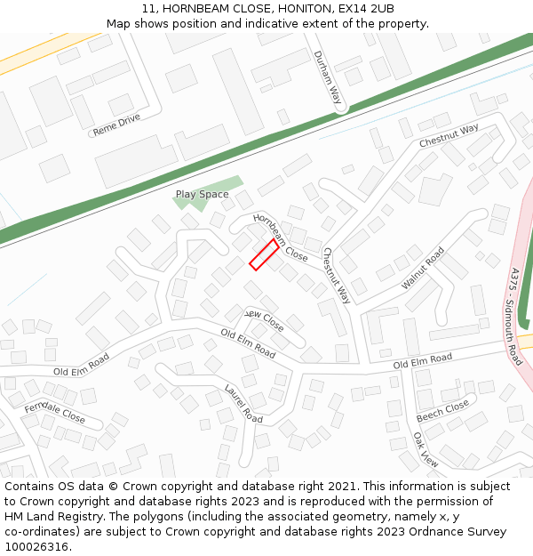 11, HORNBEAM CLOSE, HONITON, EX14 2UB: Location map and indicative extent of plot