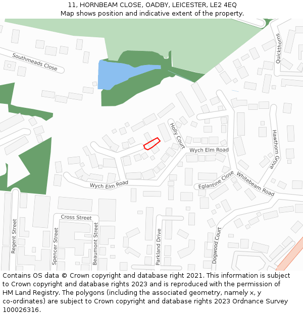 11, HORNBEAM CLOSE, OADBY, LEICESTER, LE2 4EQ: Location map and indicative extent of plot