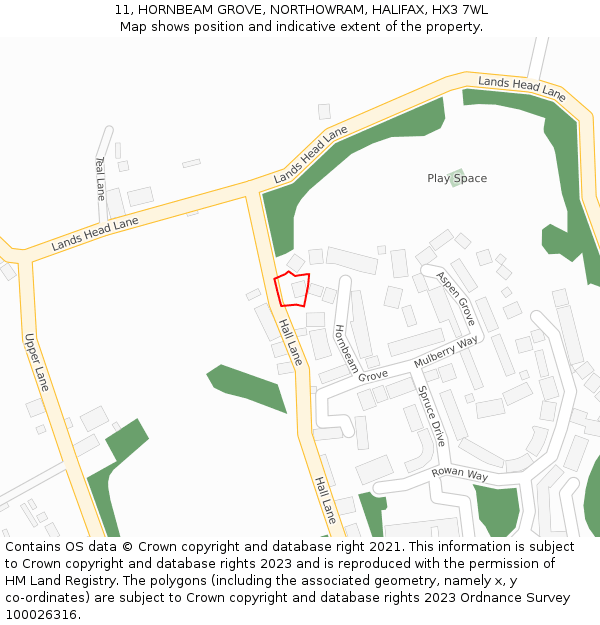 11, HORNBEAM GROVE, NORTHOWRAM, HALIFAX, HX3 7WL: Location map and indicative extent of plot