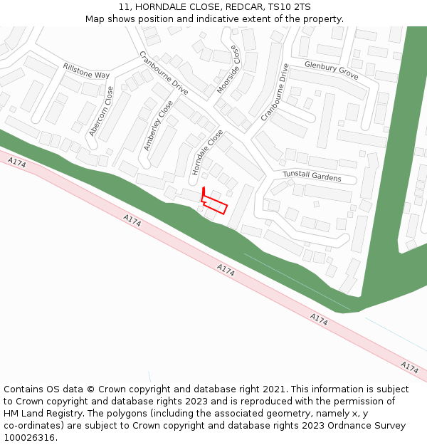 11, HORNDALE CLOSE, REDCAR, TS10 2TS: Location map and indicative extent of plot