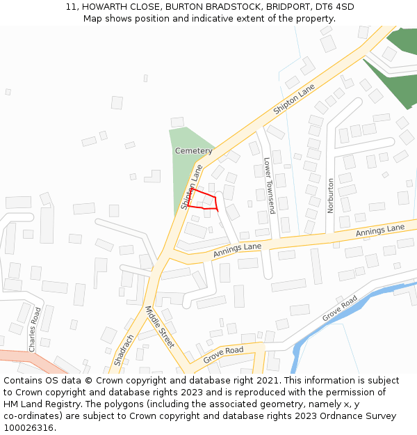 11, HOWARTH CLOSE, BURTON BRADSTOCK, BRIDPORT, DT6 4SD: Location map and indicative extent of plot