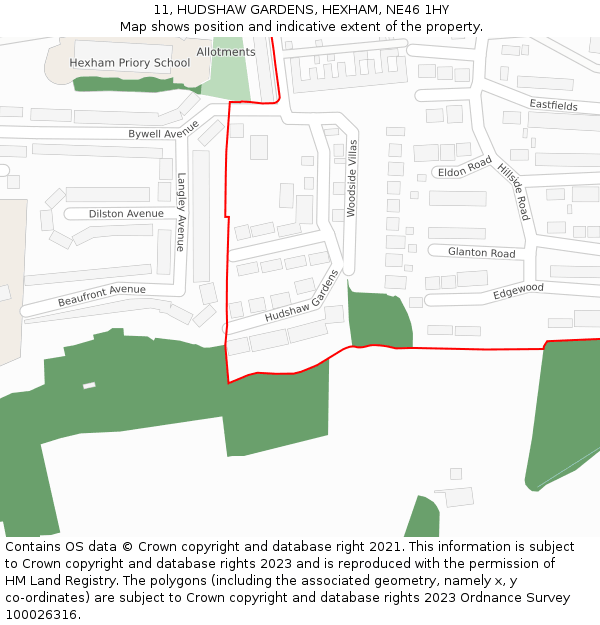 11, HUDSHAW GARDENS, HEXHAM, NE46 1HY: Location map and indicative extent of plot