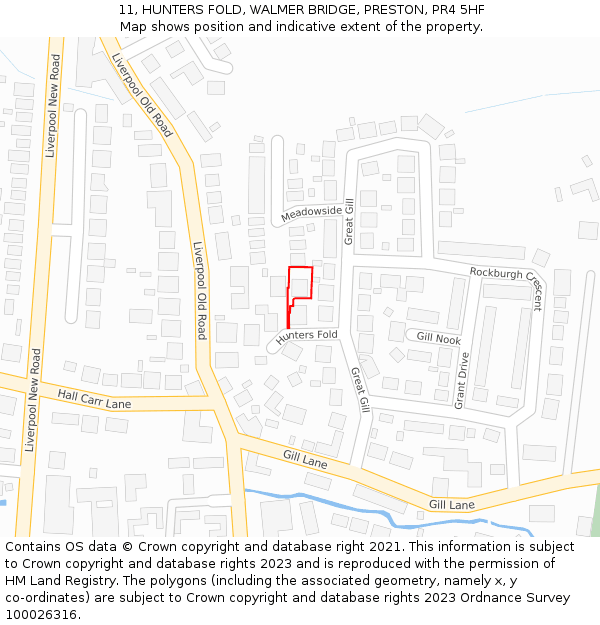 11, HUNTERS FOLD, WALMER BRIDGE, PRESTON, PR4 5HF: Location map and indicative extent of plot